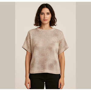 Marled Open Knit Beige White Tie Dye Cotton Bld Sweater Dolman short sleeve Sz L